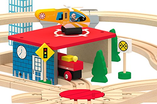 Kids Destiny Deluxe Wooden Railway Set with Vocal Sound and Lots of accessories (130+ pcs) - 100% Compatible with All Major Brands Including Thomas Wooden Railway System