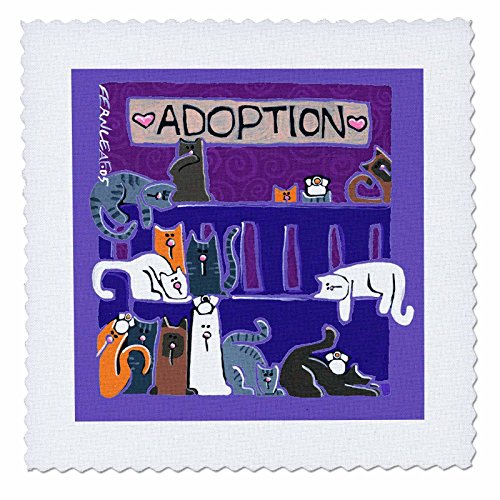 3dRose qs_34022_5 Cats, Cat, Kittens, Kitten, Cat Adoption, Cat Rescue, Pet Adoption, Cat Cartoon Art-Quilt Square, 14 by 14-Inch
