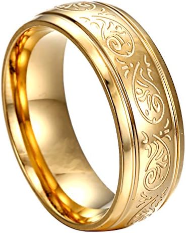 HERACULS 316L Stainless Steel Ring Band 7MM for Man Women Eternity Wedding Engagement Engraved Florentine Design Size 10