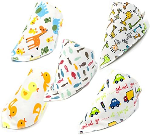 Thumbbaby Baby Bandana Drool Bibs Organic for Boys and Girls Absorbent Soft Cotton for Teething Feeding Unisex Baby Shower Gift Baptism Car Zoo Fish Giraffe Duck Pack of 5