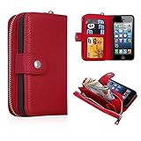 DRUnKQUEEn iPhone SE Case, iPhone 5s Case, Premium Leather Zipper Wallet Case Magnetic Removable Folio Flip Holster Purse Clutch Cover Card Holder with Wrist Strap for iPhoneSE / iPhone5s / iPhone5