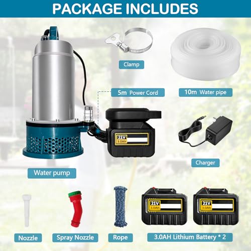 5000L/H Battery Powered Submersible Water Pump with 10m Hose, 5m Connecting Cable, 21V Battery and Charger for Swimming Pool, Water Bed, Garden Irrigation