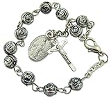 Oxidized Silver 6MM Rosebud Prayer Bead 7 3/4-inch Miraculous Rosary Bracelet