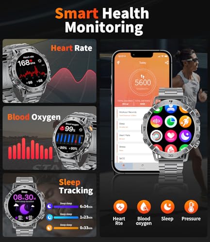 HIRREO EF18 Military Smart Watch for Men, 1000 mAh Large Battery, 1.85″ HD Smartwatch with LED Flashlight/Sleep/100+ Sports, IP68 Waterproof Smart Watches for Android iOS (3 Straps), Black