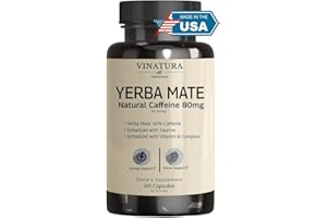 VINATURA Yerba Mate, Taurine Capsules - 1400mg per Serving - Caffeine & Energy Supplements *USA Made & Tested* Enhanced Panax Ginseng, Vitamin B Complex, L-Arginine - 60 Capsules 30 Servings
