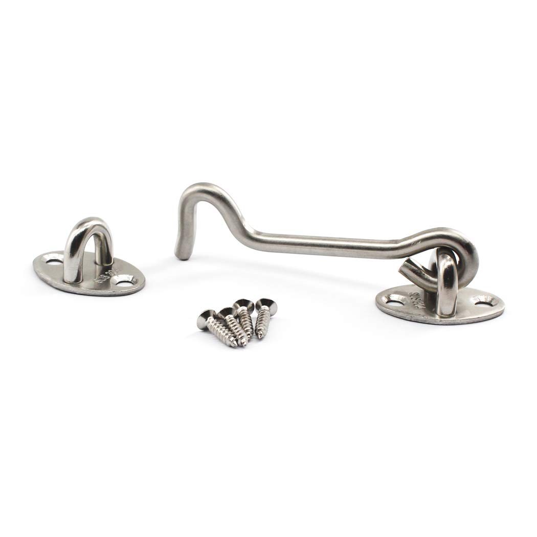 (4 Pieces) 304 Stainless Steel Cabin Hooks Door Latch Hook and Eye Latches Gate Hook 96mm Length with Stainless Steel Screws