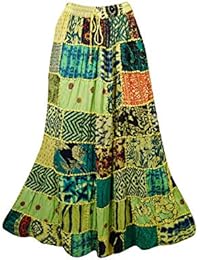 Women's Maxi Skirt Green Patchwork Bohemian Retro Long Skirt M