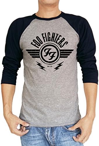 Foo Fighters FF Logo Winged Baseball Tee Raglan 3/4 Sleeve Men's T Shirt Small Heather Gray/Navy Blue