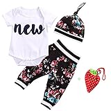 Cute Infant Baby Girl Clothing Set Tops Bodysuits Short Sleeve Pants Flower Hat 3pcs Baby Girls Clothes Outfits Set (12-18 Months, New Style)