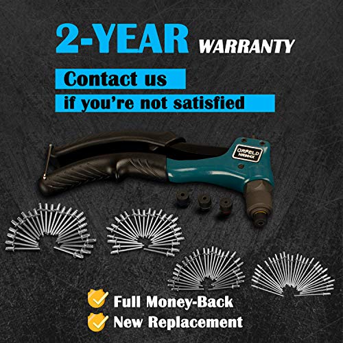 Orfeld Rivet Gun, Single Hand Manual Rivet Gun Kit With 4 Interchangeable Color Coded Heads, 100 Piece Rivets, 4 in 1 Hand Riveter Set for Plastic, Metal, Leather, Large & Small Jobs