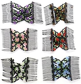 MAISHO 6 Colors Women Stretch Flower Bow Bead Hair Head Comb Cuff Double Clip Magic Hair Comb Pearl Stretchy Beaded Hairpin Bow Double Combs