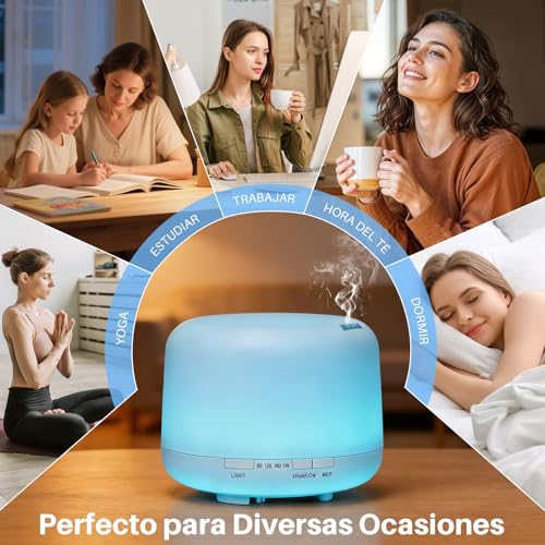 Salandens Difusor de Aceites Esenciales 500ML, Difusor de Aromas con 6 Aceites Esenciales, Humidificador de Aire con 7 Colores de Luz Led, 2 Niveles De Niebla y Control Remoto, para Casa y Oficina