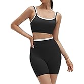 SUUKSESS Women 2 Pieces Workout Sets Padded Spaghetti Straps Camis High Waist Biker Shorts