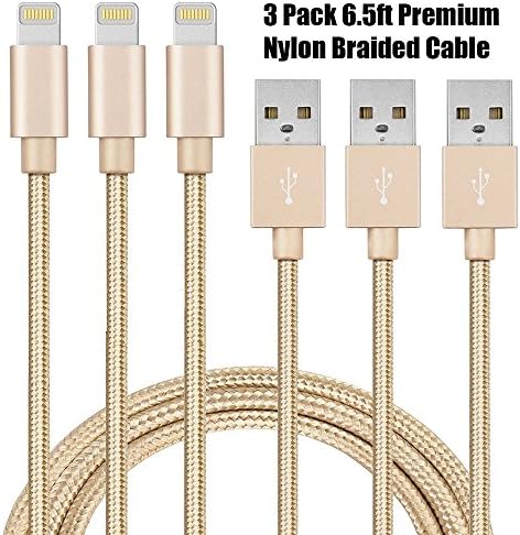 Poweron 3 Pack 6.5ft Certified Nylon Braided 8 Pin Charging Cable Data Transfer For iPhone X iPhone 8 8 Plus, 7 7 Plus 6 6S Plus 5 5S 5C iPad 4th Mini iPad Air, Pro (GOLD)