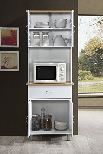 Hodedah Long Standing Kitchen Cabinet with Top & Bottom Enclosed Cabinet Space, One Drawer, Large Open Space for Microwave, White