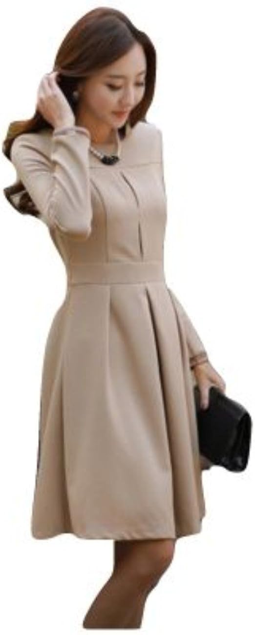 Amazon Cerisier スリジエ ベージュワンピースフレアａライン長袖ドレス結婚式パーティお呼ばれ入学式 L ワンピース チュニック 通販
