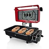 Nutrichef Electric Fish Grill Indoor Cooking - Small Outdoor Backyard BBQ For Fish Steak Meat Skewer & Seafoods - High Griddle Heat Searing Removable Countertop & Washable Cover Cook Tray Red (PKFG14)