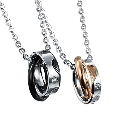UM Jewelry His and Hers Crystal Stainless Steel Heart Puzzle Two Tone Rings Pendant Couple Necklace