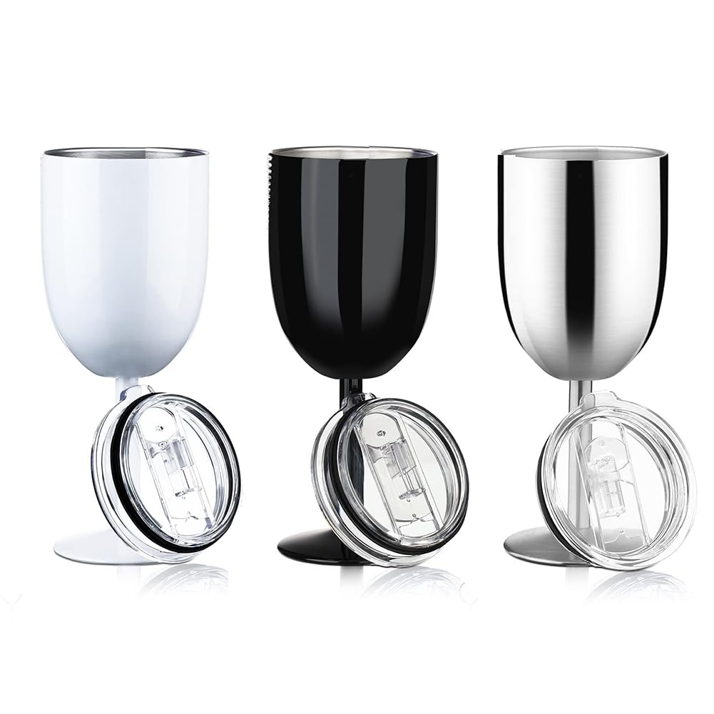 Fowecry Wine Glasses Stainless Steel Wine Glasses with Lid Double Wall Insulated Wine Tumbler Unbreakable Goblets Wine Glasses 10oz A