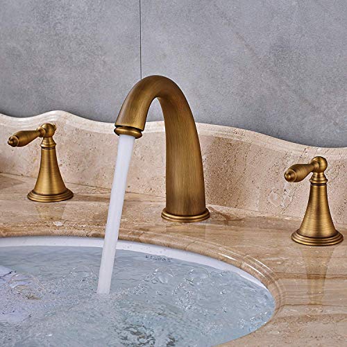 Senlesen Deck Mounted Widespread Three Holes Bathroom Sink Faucet Two Handles Basin Mixer Tap with Matching Pop Up Drain Antique Brass