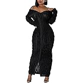 LETSVDO Women's Maxi Off Shoulder Dress Long Sleeve Button Down Ruffle Mesh Bodycon Sexy Dresses Stretchy