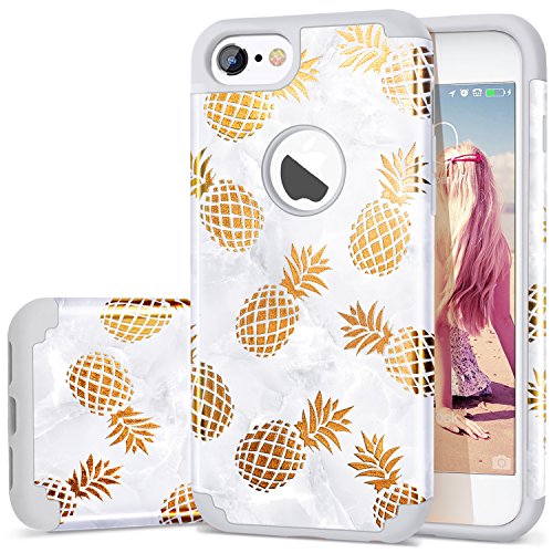 iPhone 8 Pineapple Case,iPhone 7 Phone Case,Fingic Slim Golden Pineapple&Grey Marble Cute Pattern Cover for Girls Ladies Hard PC Soft Rubber Protective Skin Cover for iPhone 7/iPhone 8,Grey