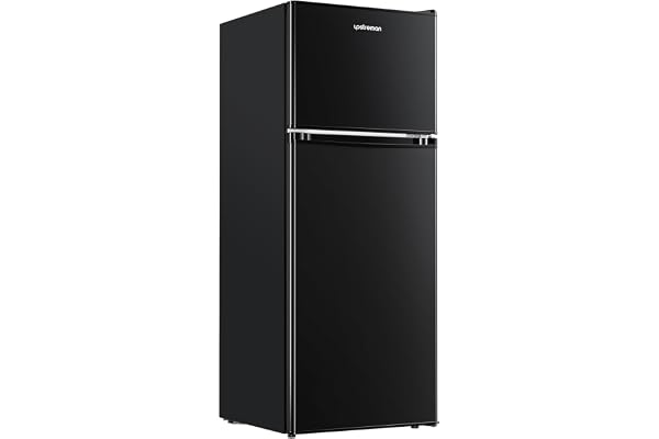 Upstreman 4.0 Cu.Ft. Mini Fridge with Freezer, Dorm Essentials, Double Door Small Refrigerator for Office, Dorm, Bedroom, Adjustable Thermostat, Large Capacity, Black-BR401