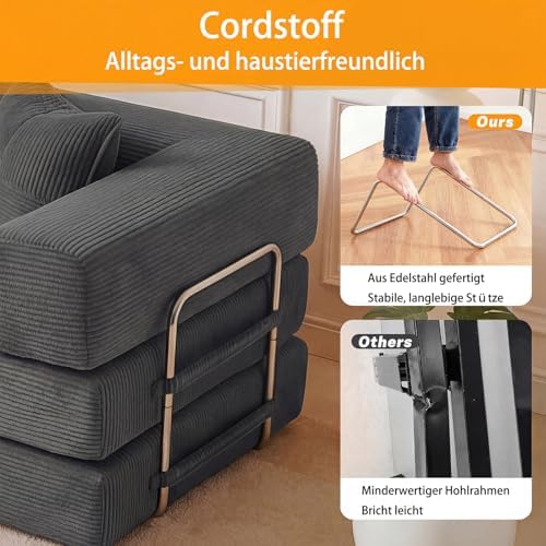 Premium 200 cm rahmenloses Schlafsofa 5-in-1 Couch für das Wohnzimmer, Grau