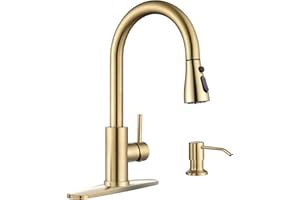 APPASO Gold Kitchen Faucet with Soap Dispenser, S304 Stainless Steel Single Handle Sink Faucets with Pull Down Sprayer 3 Modes, Modern High Arch with Deck Plate for 1 to 4 Hole Bar Farmhouse Laundry