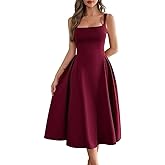 Wellwits Women's Wide Strap Square Neck Pleated Vintage Cocktail Formal Dress