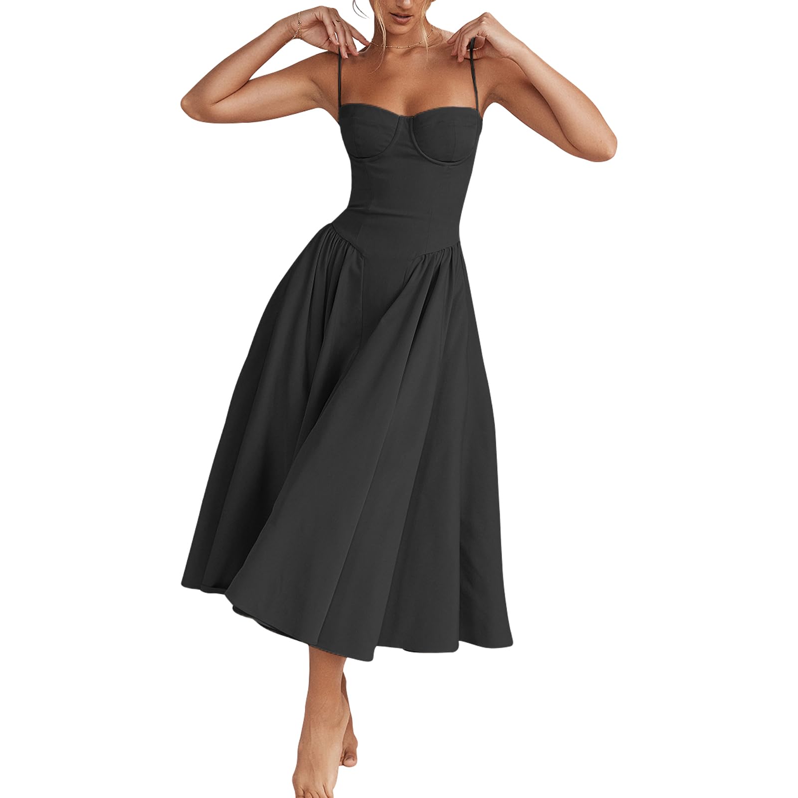Photo 1 of Womens Corset Dress Elegant Spaghetti Strap Midi Dress Flowy Pleated Hem Low Cut Prom Dresses Floral Bustier Dress (US, Alpha, Small, Regular, Regular, Black)
