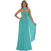 WENKAFO Women's Chiffon Strapless Prom Dresses with Scarf Pleated Tie Formal Gowns 2026 Long A-line Keyhole Evening Dress