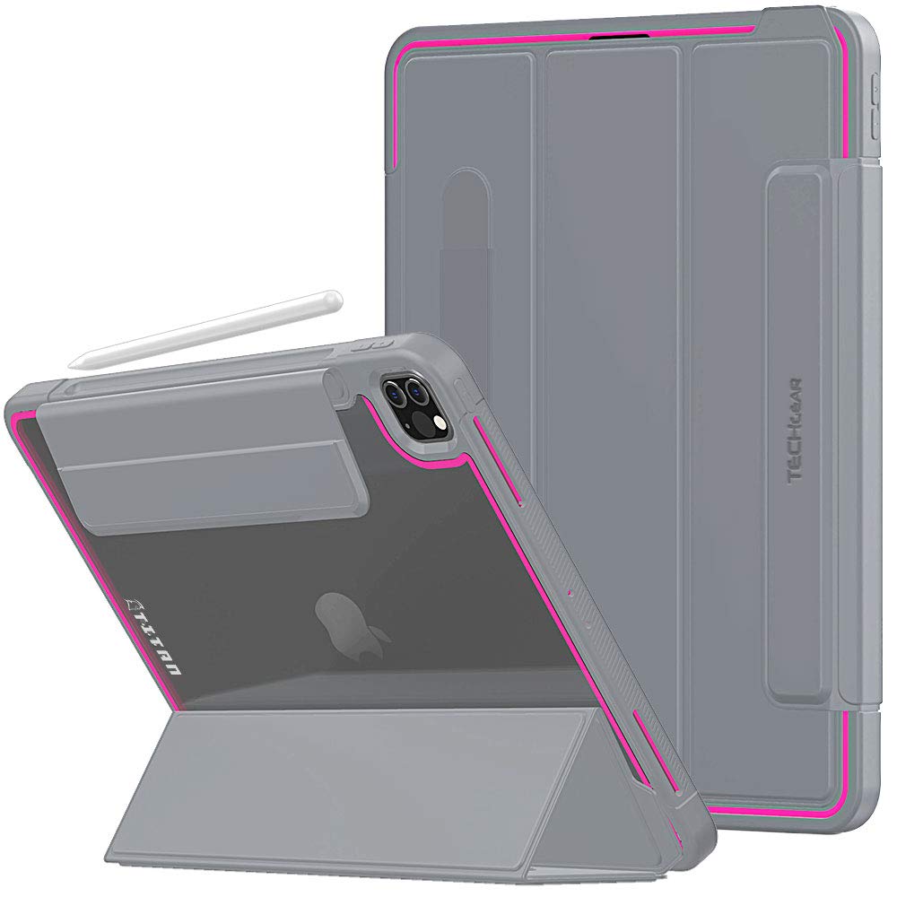 TECHGEAR Titan Case Designed For iPad Pro 12.9 2020/2018 (3rd / 4th Generation) Slim Shockproof Tough Rugged Protective Armour Smart Case + Stand, Kids Schools Builders Workman Case [Pink]