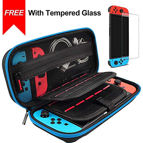 Hestia Goods Switch Case and Tempered Glass Screen Protector for Nintendo Switch - Hard Shell Travel Carrying Case Pouch Case for Nintendo Switch Console & Accessories, Streak Blue (Best Nintendo Switch Screen Protector)