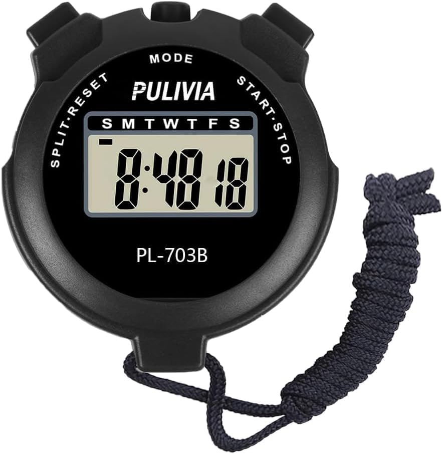 PULIVIA Sports Stopwatch Timer Lap Split Digital Stopwatch with Clock Calendar Alarm, Large Display Shockproof Stop watch for Sports Coaches Swimming Running, Black