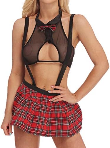 Uscharm Women School Girl Outfit Lingerie Set Sexy Cosplay Uniform Costumes Mini Skirt Plaid Babydoll Chemise