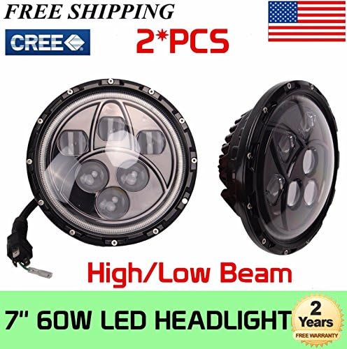 2x 7" Inch 60W CREE LED Projector Headlights High Low Beam with Full Halo Angel Eyes White DRL for Jeep Wrangler JK Unlimited JKU Sahara Rubicon, TJ, LJ