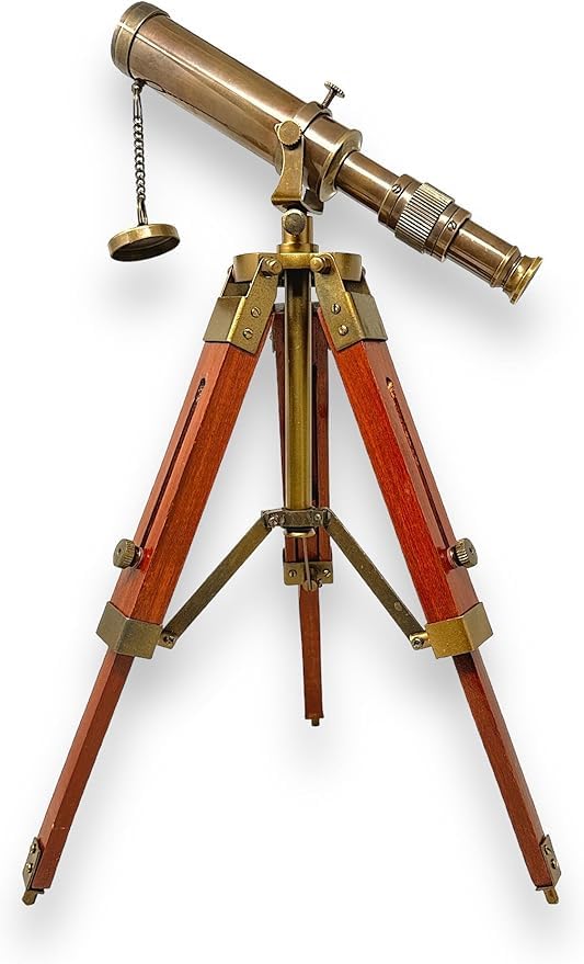 Vintage Brass Telescope on Wood Tripod Stand, Collectible Desk Home Decor, Spyglass, Gift for Collector, Unique Decorative Prop, Christmas & New Year gift for Men, Women
