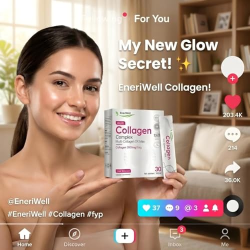 EneriWell Multi Collagen Supplements for Women, Men, 3000mg Hydrolyzed Bovine Collagen Peptides with Type 2, Biotin Vitamins C, Glow up for Skin, Hair, Nails & Joints, Halal, Liquid, Travel 30 sachets