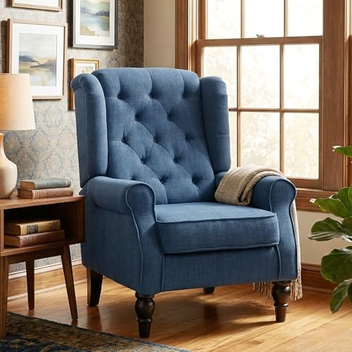 HOMCOM Fabric Accent Chair, Button Tufted Armchair, Upholstered Modern Living Room Chair, Wingback Chair with Wood Legs, Rolled Arms, Thick Padding for Bedroom, Blue