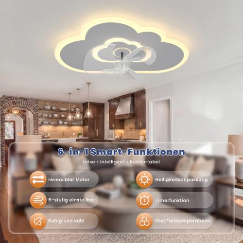 AOLED Ceiling Fan with Lighting LED Cloud Ceiling Light with Fan 6 Speeds Remote Control Quiet Dimmable Fan Ceiling Lamp for Bedroom Children's Room 50 W 50 cm