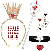 Britdiy 5 Pcs Queen Of Hearts Accessories for Women,Red Queen Of Hearts Costume Crown Wand Headband Necklace Earring sticker for Halloween Party Cosplay Dress Up/silver