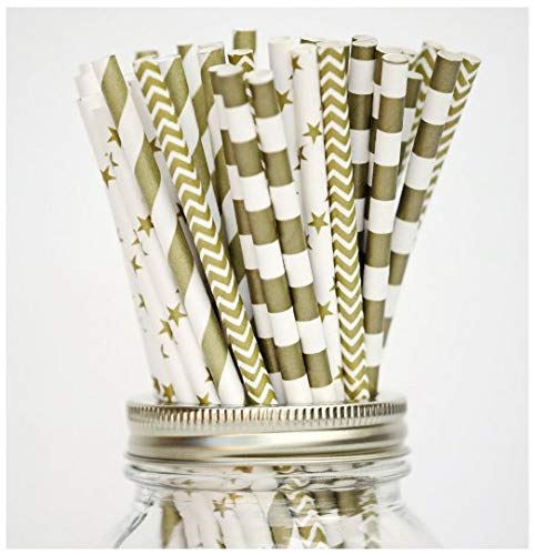 JPACO Gold Paper Straws (75 Pack, Stripe, Chevron, Star Designs) 100% Biodegradable