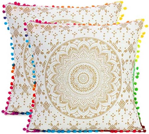 Ombre 16X16 Indian Ethnic Mandala Bohemian Cotton Square Decorative Boho Throw Pillow Case Cushion Cover Set of 2 (Golden)