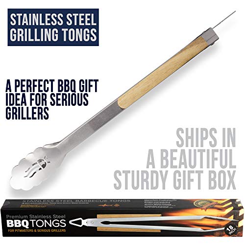 Shark BBQ Grill Tongs, Heavy Duty Barbecue Tong w Acacia Wood Grips, 18