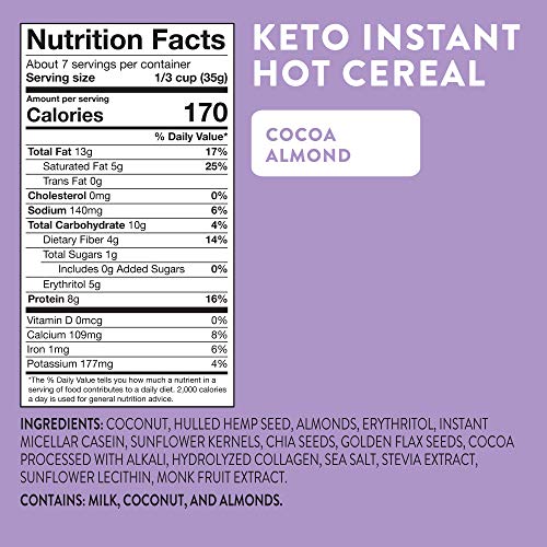 HighKey Snacks Keto Breakfast Food Hot Cereal - Low Carb Instant Oatmeal Substitute - Gluten & Grain Free, Low Sugar, Atkins Snack - Ketogenic Products - Paleo, High Protein Diet Foods - Cocoa Almond