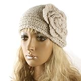 HuntGold Lady Women Fashion Camellia Warm Soft Wool Crochet Headband Knit Wide Hair Band(beige)