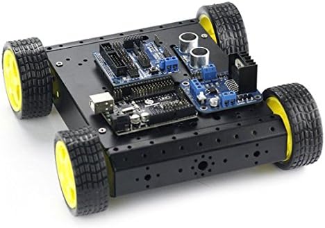 SainSmart Mobile Car Kit with Sensor Shield V5 + 4WD Mobile Platform + Dual H Bridge Stepper Motor Driver + HC-SR04 Ultrasonic Distance Sensor + UNO/UNO R3/Mega2560/Mega R3(optional) for Arduino (UNO R3, Black)