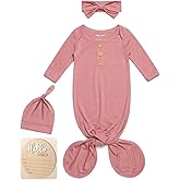 Baby Noah Newborn Knotted Gown, Ultra-Soft Silky Long Sleeve Sleeper, Unisex Coming Home Outfit Set With Wooden Name Sign