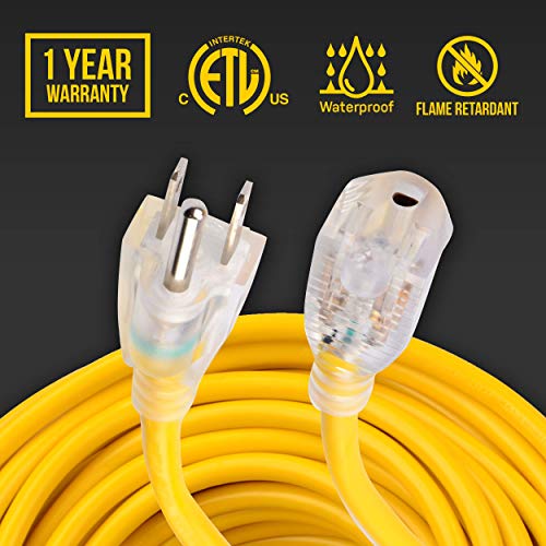 ClearMax 50 Feet Outdoor Extension Cord 3 Prong Grounded Cable Heavy Duty Weatherproof Vinyl Jacket, 16AWG 10 Amps, 1250 Watts, 125 Volts AC Power Cable Cords - Thumbnail 5